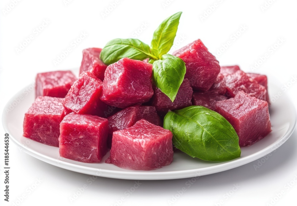 Freshly Cut Cubes of Raw Beef on a Plate Surrounded by Fresh Green Basil Leaves for Culinary Inspiration and Recipe Development Freshly Cut Cubes of Raw Beef on a Plate Surrounded by Fresh Green Basil Leaves for Culinary Inspiration and Recipe Development