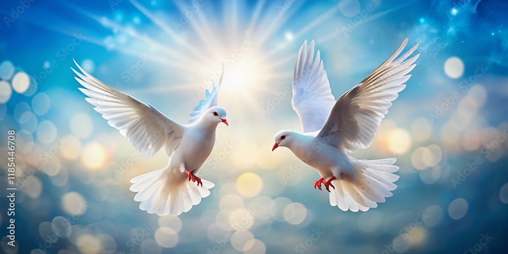 Two White Doves Soaring in a Clear Blue Sky: A Symbol of Peace and Love - Stock Photo Two White Doves Soaring in a Clear Blue Sky: A Symbol of Peace and Love - Stock Photo