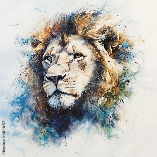 Majestic lion portrait, watercolor painting, wild animal, powerful, nature. photo