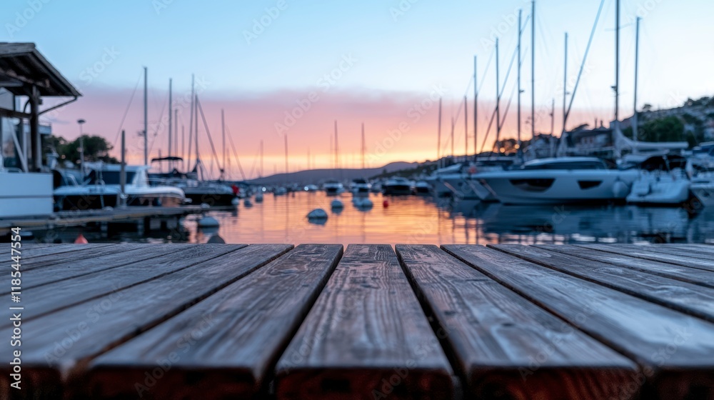 Fototapeta premium Wooden Dock at Sunset Calm Marina Boats Sea Harbor Vacation