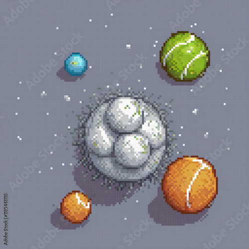 Aerial pixel art showcasing a vibrant array of bouncing balls.