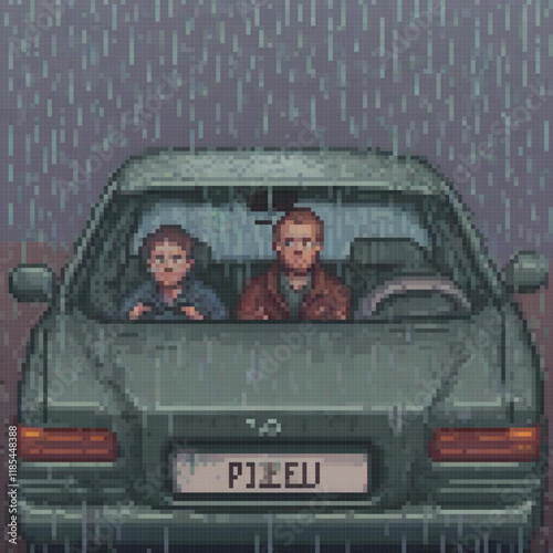 Pixel art depicting two boys enjoying a rainy car ride.