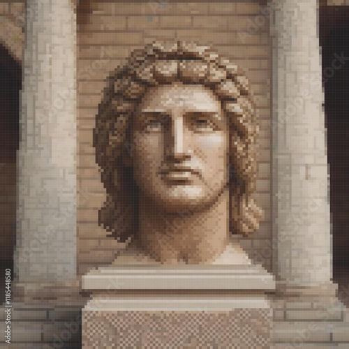 Pixel art depicting a man with long hair, standing in front of a building.