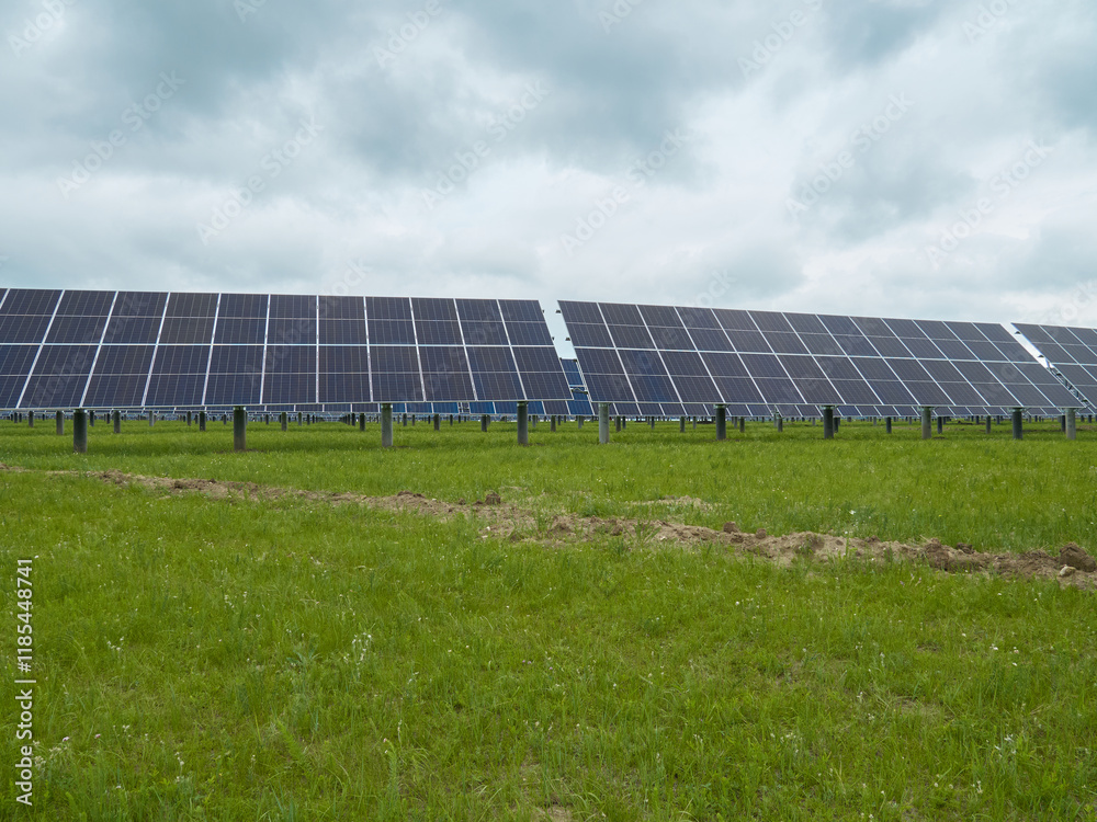 Solar panels in a grassy field under a cloudy sky. Clean energy and sustainability.