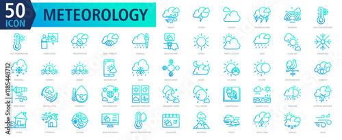 METEOROLOGY ICON SET With windy, storm, cloudy, thunderstorm, rainbow, low temperatures, hot temperature, forecaster, precipitation and low visibility