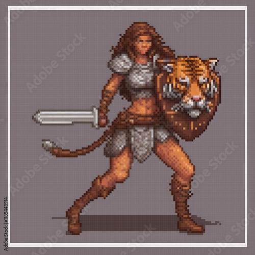 Pixel art of a fierce warrior wielding a sword and taming a majestic tiger.