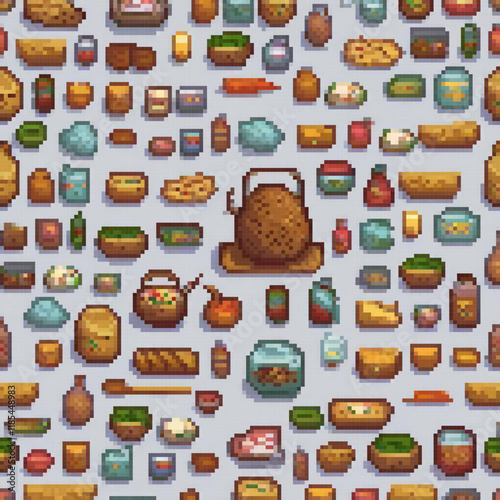 Pixel art showcasing a variety of delicious foods on a simple gray backdrop.