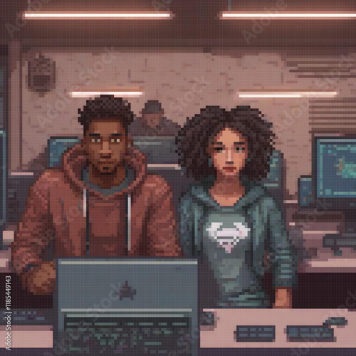 Pixel art depicts a man and woman at a desk, working on a computer.