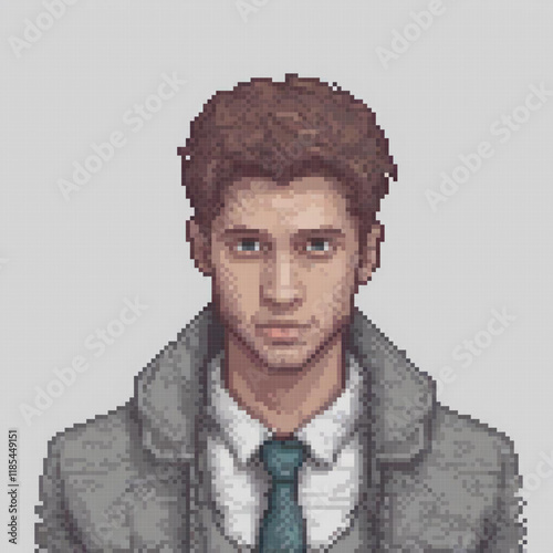 Pixel art portrait of a gentleman in formal attire gazing at the viewer.