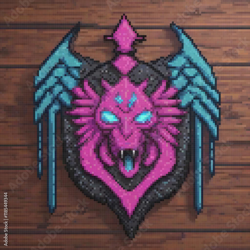 Cute pink dragon with blue wings on a rustic wooden backdrop.