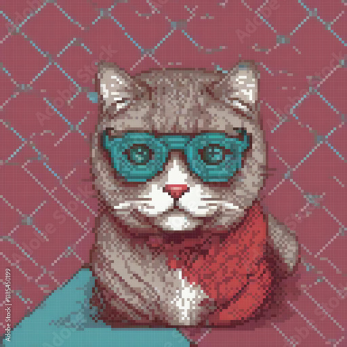 Pixel art cross stitch cat with sunglasses, perfect for crafty cat lovers.