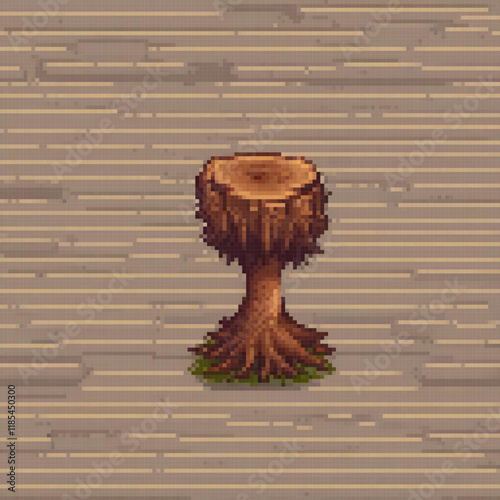 Pixel art of a charming tree stump against a rustic brick wall.