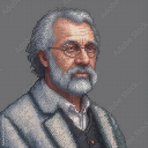 Pixel art cross stitch pattern featuring a bearded gentleman with spectacles.
