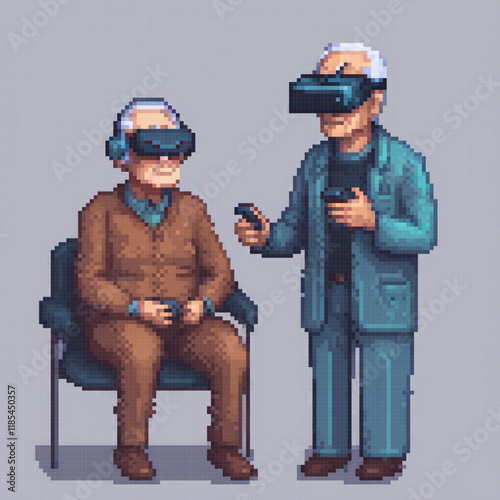 VR-ready elderly gentlemen in pixel art, relaxing in a chair.