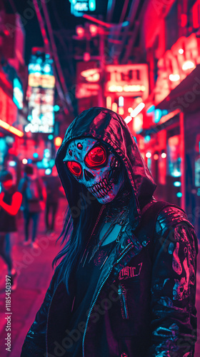 Neon street Toronto night cyberpunk fashion masked character glowing light urban energy futuristic cityscape night life sci-fi dramatic artistic visual eyes bold creepy evil killer scary gang crime photo