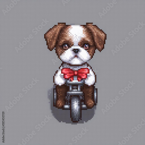 Pixel art of a cute dog on a bike with a stylish red bow tie.