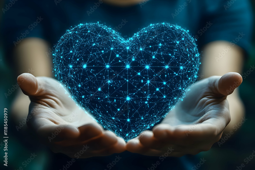 Glowing heart held, nature background, digital health Glowing heart held, nature background, digital health