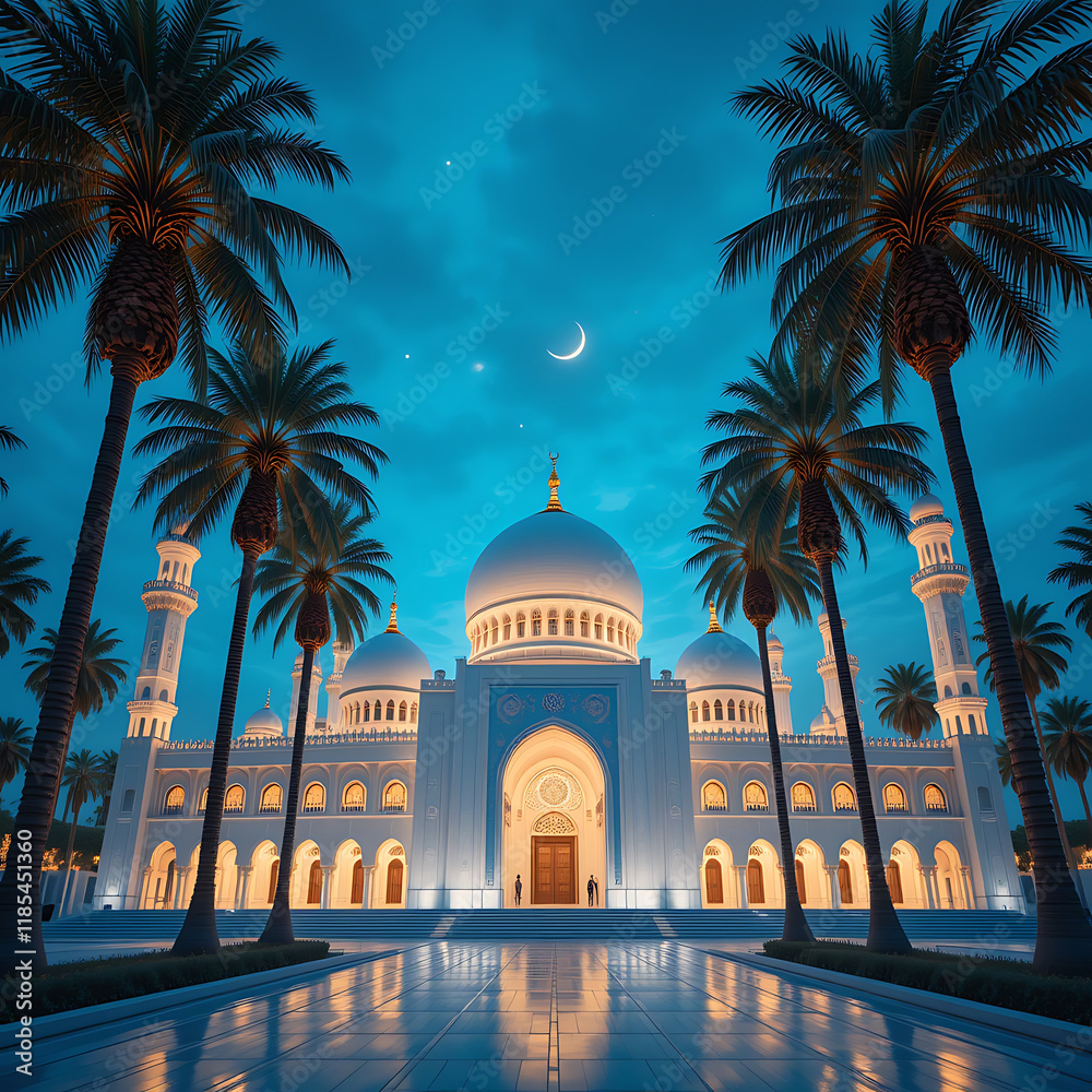 Naklejka premium Majestic Mosque at Night Under a Crescent Moon