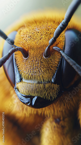 Hyper-detailed macro close-up honeybee intricate detail head eyes antennae texture precision white background scientific educational content photography museum science surreal advertising textbook photo