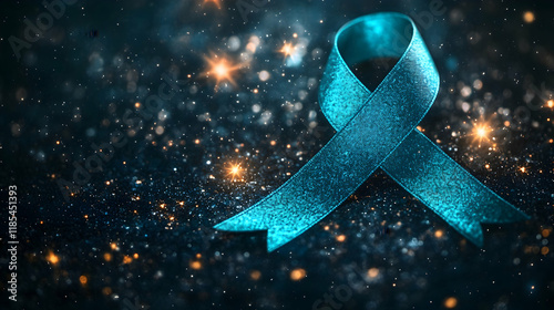 Wallpaper Mural Teal ribbon with a galaxy theme, surrounded by shining stars representing courage and strength for ovarian cancer and PTSD Torontodigital.ca