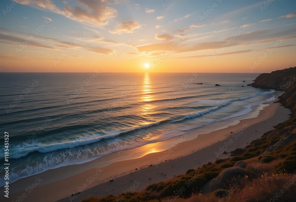 Obraz premium Golden Sunset Over Coastal Beach Waves and Cliffs