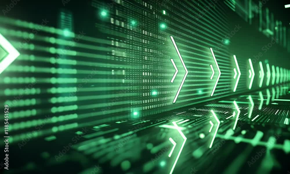 Abstract green digital tunnel with glowing arrows, representing data flow and futuristic technology.