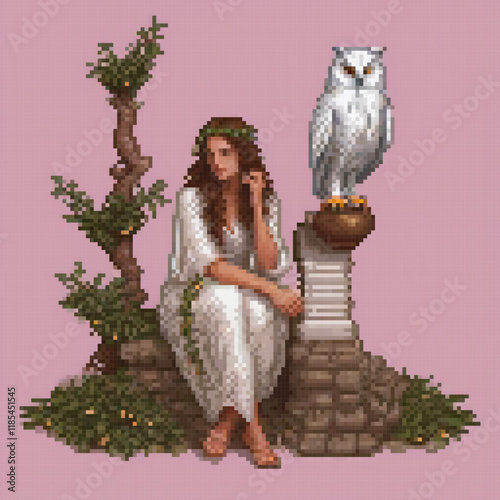 Woman perched on stone wall with owl companion in pixel art style.