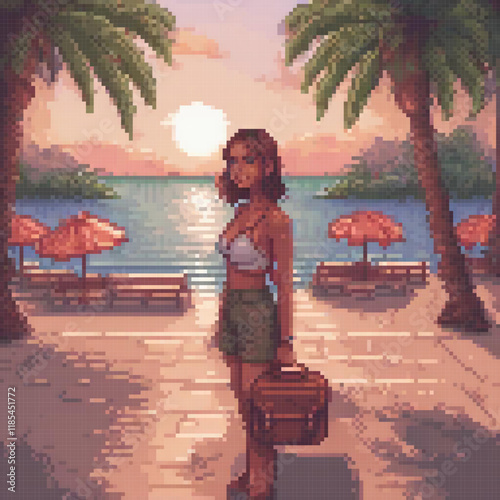 Woman strolling on the sandy shore, luggage in tow.