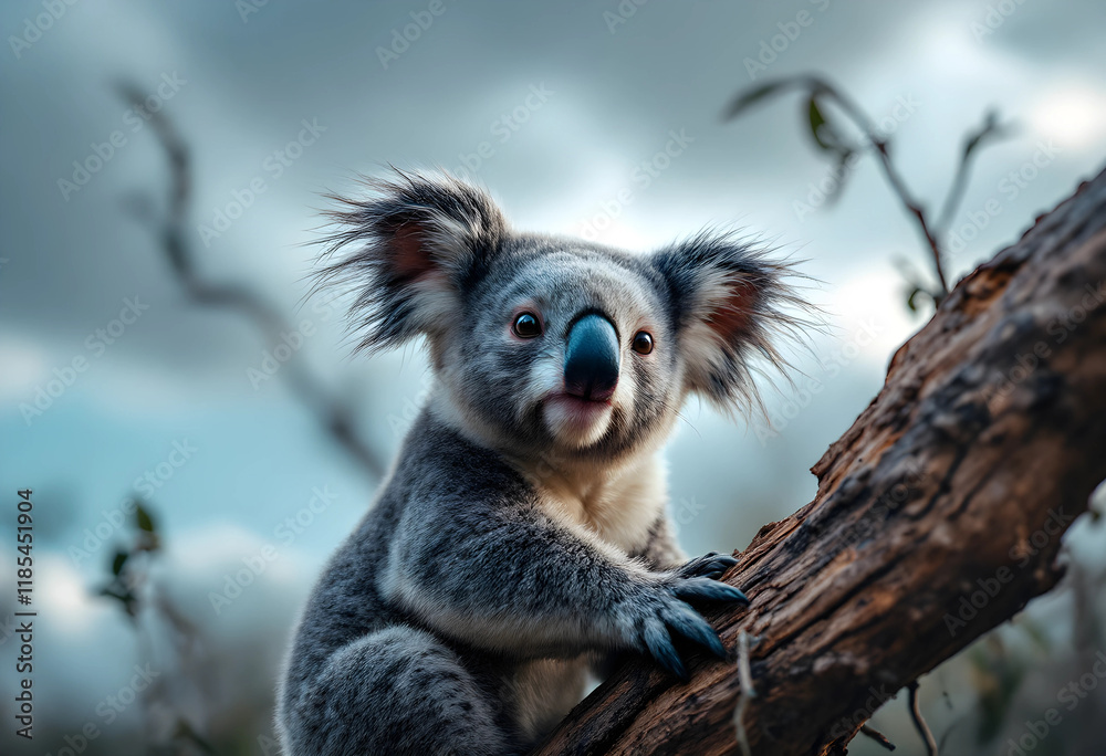 Obraz premium Adorable Koala Cub on a Branch in a Soft Light