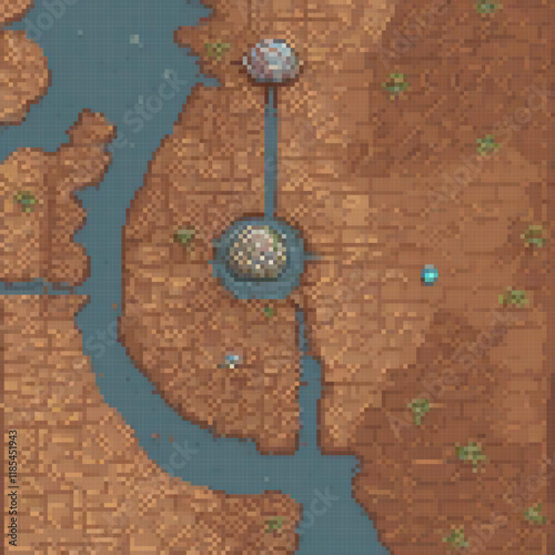 Pixel art map with a central sphere