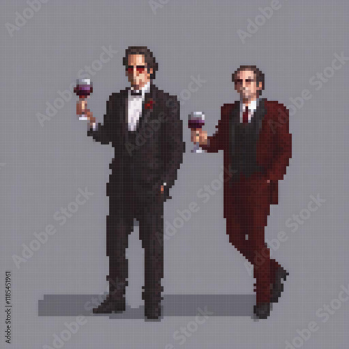 Classic pixel art of two elegantly dressed men sharing a toast with wine glasses.