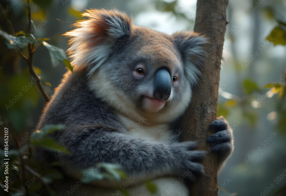 Fototapeta premium Close-up of a koala clinging to a tree trunk.