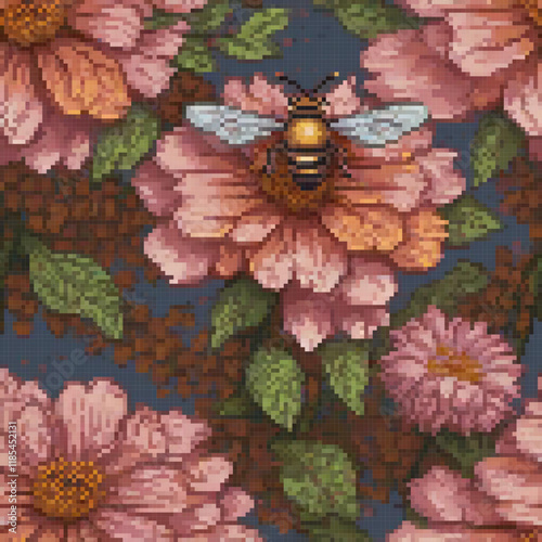 Pixel art of a bee on a vibrant pink flower amidst lush green leaves.