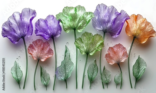 Colorful translucent flowers and leaves on white.