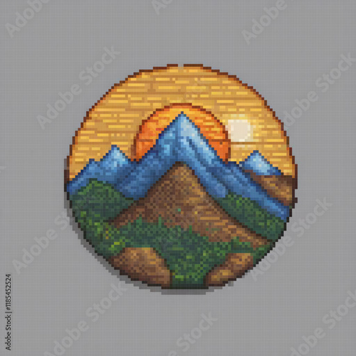 Pixel art cross stitch mountain sunset