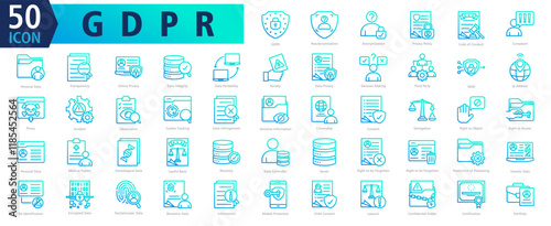 GDPR ICON SET With Pseudonymisation, Anonymization, Privacy Policy, Code of Conduct, Complaint, Personal Data, Transparency, Online Privacy, Data Integrity and Data Portability