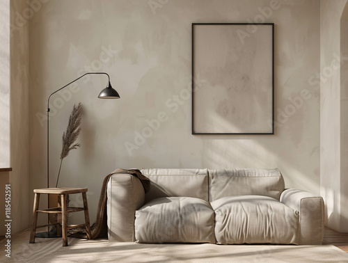 Blank frame mockup on white wall. Template for painting or poster. White living room interior design. View of modern interior with artwork mock-up