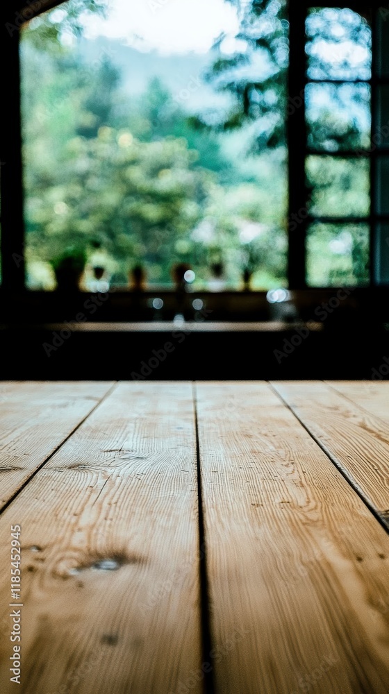 Obraz premium Rustic Wooden Tabletop Kitchen View Nature Background Interior Design