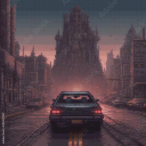 Pixel art depicting a vintage car cruising through a bustling cityscape.