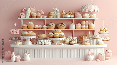 Wallpaper Mural Pastel Bakery Display  Sweet Treats, Pink Studio, White Shelves, Delicious Pastries, Food Photography. Torontodigital.ca