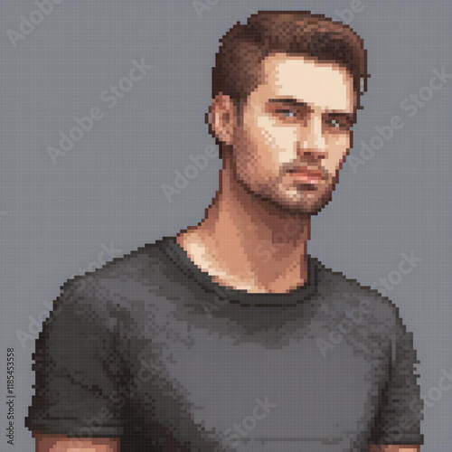 Pixel art of a man in a black shirt gazing at the camera.