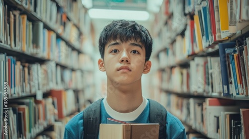 Teen with books representing academic ambition. photo