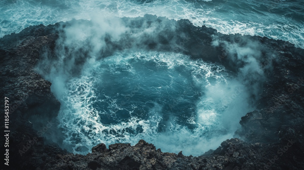 Obraz premium Dramatic Aerial View of Ocean Waves Crashing into Volcanic Rocks Misty Spray