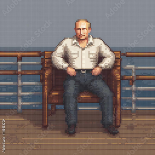 Pixel art depicts a man relaxing on a pier bench, capturing a serene moment.