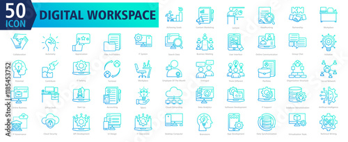 DIGITAL WORKSPACE ICON SET With Achieving Goals, Content Marketing, Lecture, Headhunting, Partnership, Workplace, Collaboration, Autonomy, Appreciation and Files And Folders 