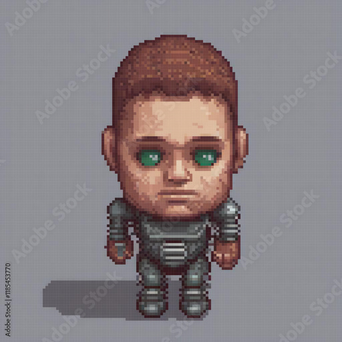 Vintage pixel art featuring a man with striking green eyes.