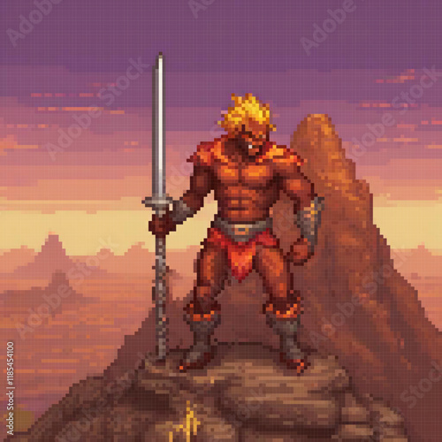 Pixel art of a heroic man conquering a mountain with a legendary sword.