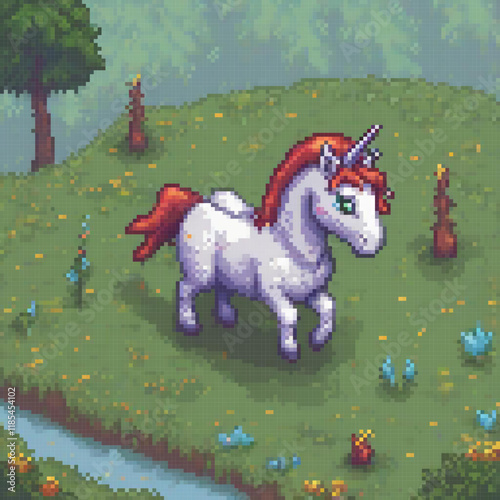 Pixel Unicorn in Vivid Green Field - Enchanting Pixel Art