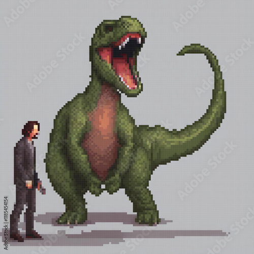 Pixel art of a man and a T-Rex in a dramatic encounter.