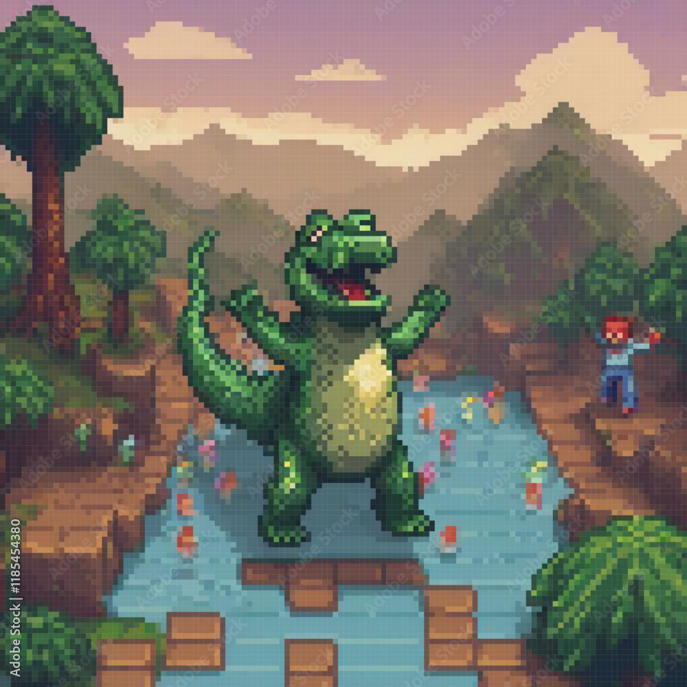 Fototapeta premium Pixel art crocodile in a serene river setting